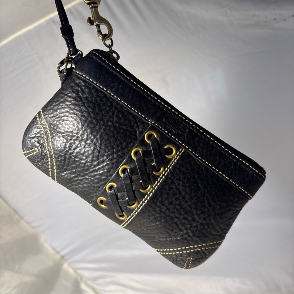 Coach Black Leather Wristlet with Gold Stitching New